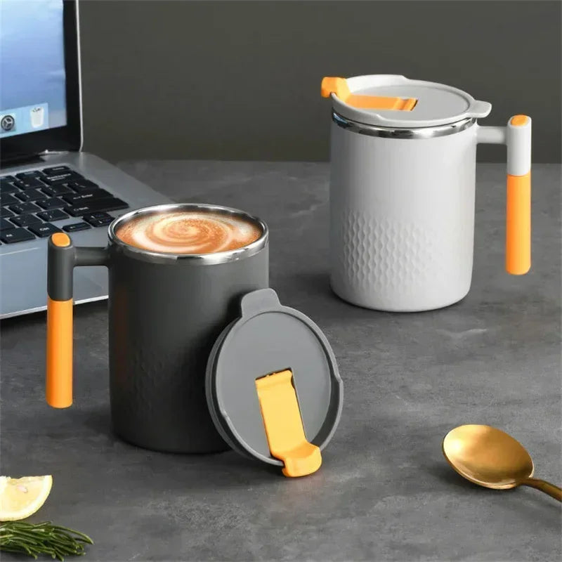 Taza de Acero Inoxidable con Asa y Tapa, Doble Pared, Resistente al Calor, Antiescaldaduras, Taza de Café para el Hogar y la Oficina, Taza de Leche, Avena, Agua