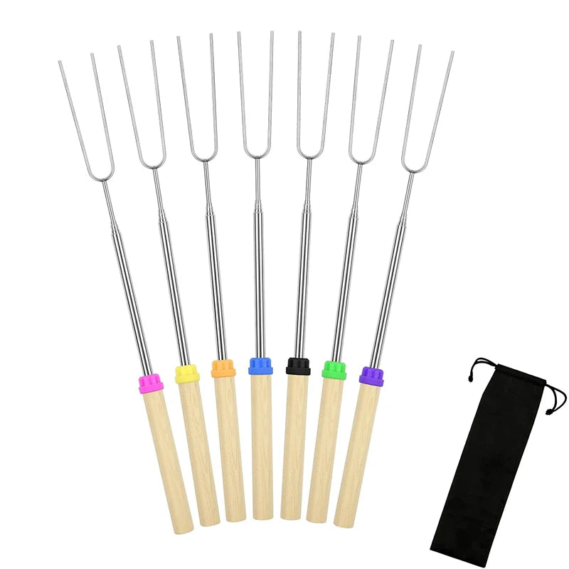 5 Pinchos para asar malvaviscos extensibles de 32 pulgadas de largo, brochetas de metal para barbacoa con mango de madera, para camping al aire libre, fogatas