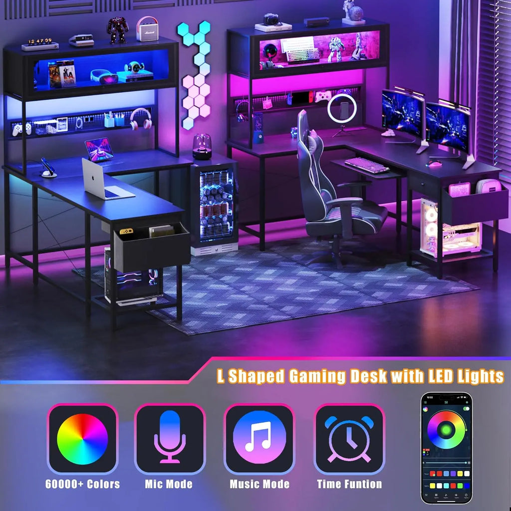 Escritorio para juegos en forma de L con tomas de corriente y luces LED, escritorio de computadora reversible de 49 pulgadas con estante superior, tablero perforado y vitrina