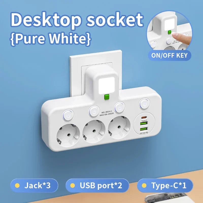 EU Plug AC Outlet Power Strip Multiprise Wall Socket Universal Network Filter USB Cherger Separate Switch Light Adapter