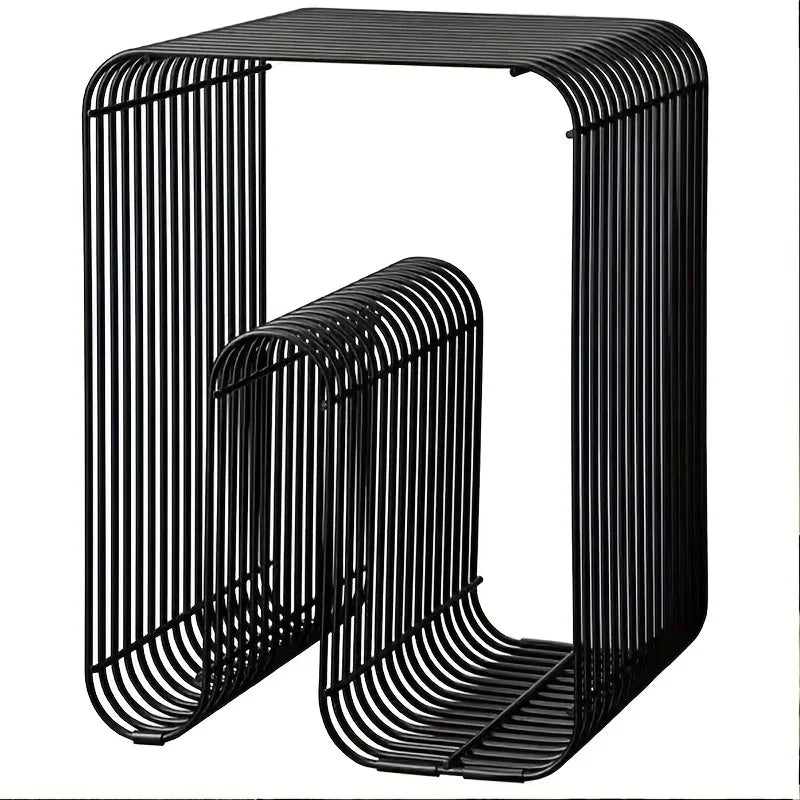 Mesa cuadrada de metal con borde plateado, estantería con motivos geométricos, revistero, estante de pared para salón