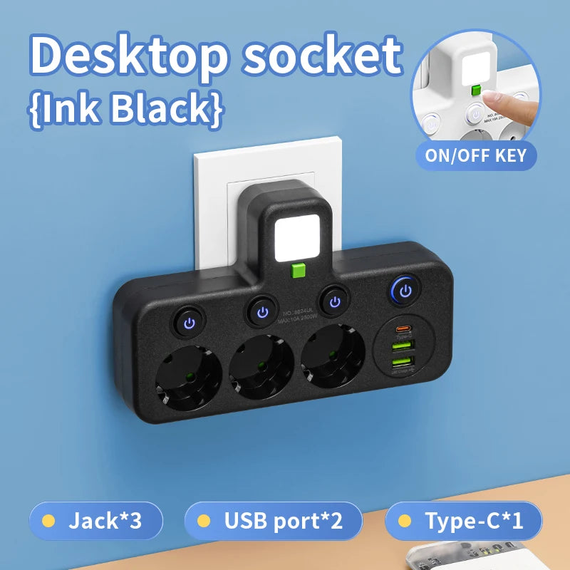EU Plug AC Outlet Power Strip Multiprise Wall Socket Universal Network Filter USB Cherger Separate Switch Light Adapter