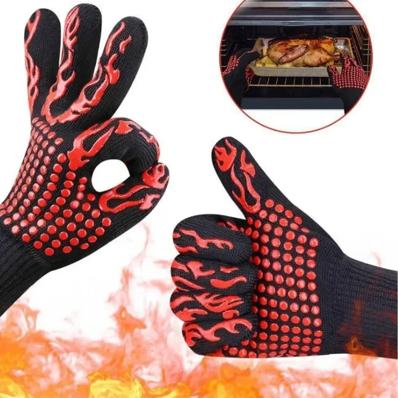 Guantes de barbacoa One Piece, guantes de horno resistentes a altas temperaturas de 500-800 grados, guantes de microondas ignífugos y aislantes del calor para barbacoa