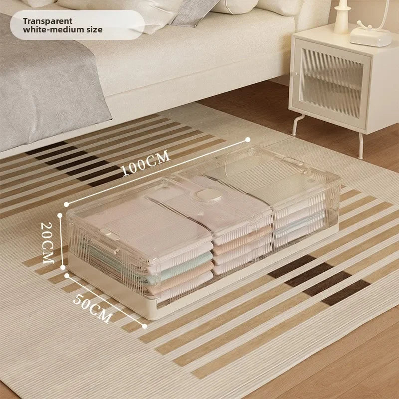 Caja de almacenamiento plegable debajo de la cama. Caja de almacenamiento transparente de plástico extragrande con ruedas a prueba de polvo. Caja organizadora de ropa y edredones.