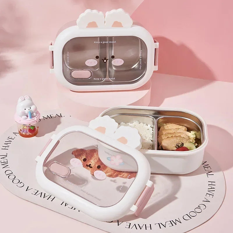 Fiambrera Bento de Acero Inoxidable con Diseño Creativo de Conejo, Dividida, Sellada, Portátil, con Hebilla, para Niños y Estudiantes, Lindos Regalos