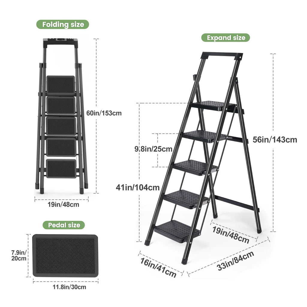 Escalera de Tijera, Taburete Plegable, Taburete Escalera Resistente con Pasamanos y Pedales Anchos, Escalera Antideslizante con Agarre Manual