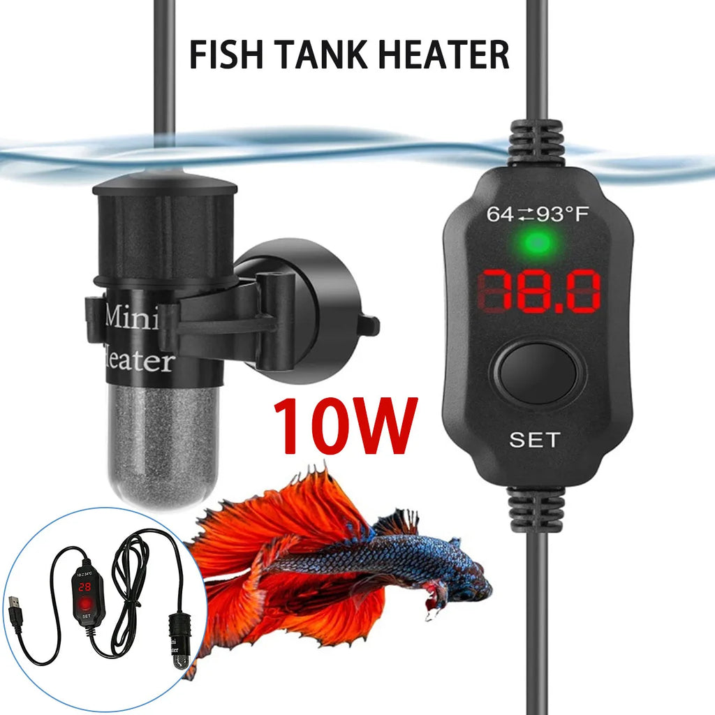 Calentador de acuario mini de 10W para peceras pequeñas, calentador de temperatura constante con pantalla digital, varilla de calentamiento USB ajustable de 5V/2A