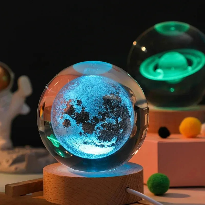 Lámpara de bola de cristal 3D única con proyecciones de galaxias y planetas, luz nocturna USB, RGB, 7 colores, regulable, luces de ambiente, regalo