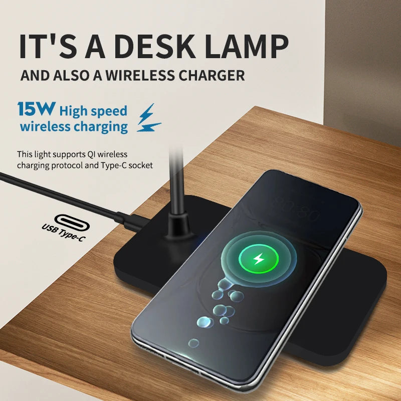 Lámpara de escritorio LED con carga inalámbrica USB para teléfono móvil, táctil, protección ocular, lámpara de mesa para oficina en casa