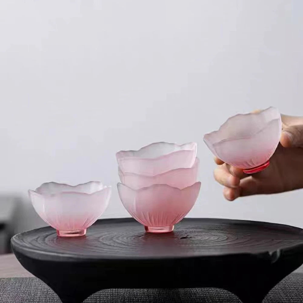 Juego de 4 tazas de té japonesas de cristal esmerilado rosa Sakura, dama de cristal rosa, taza de té con diseño de flores, taza de té, taza con diseño de pétalos