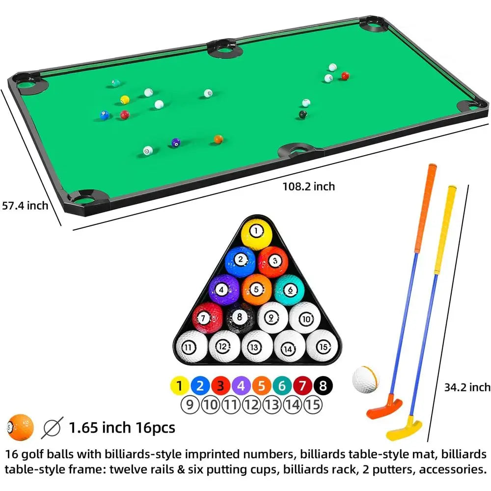 Juego de golf y billar bajo techo: diversión familiar en un putting green gigante