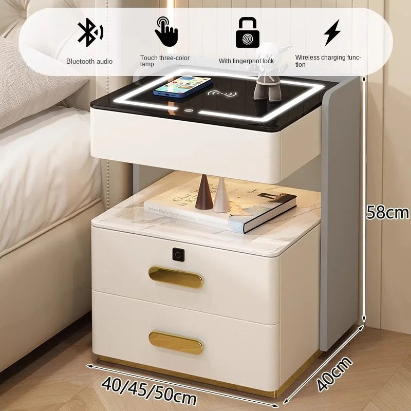 Mesita de noche inteligente con luz de sensor, cerradura de huella dactilar, altavoz Bluetooth, interfaz USB, carga inalámbrica para dormitorio