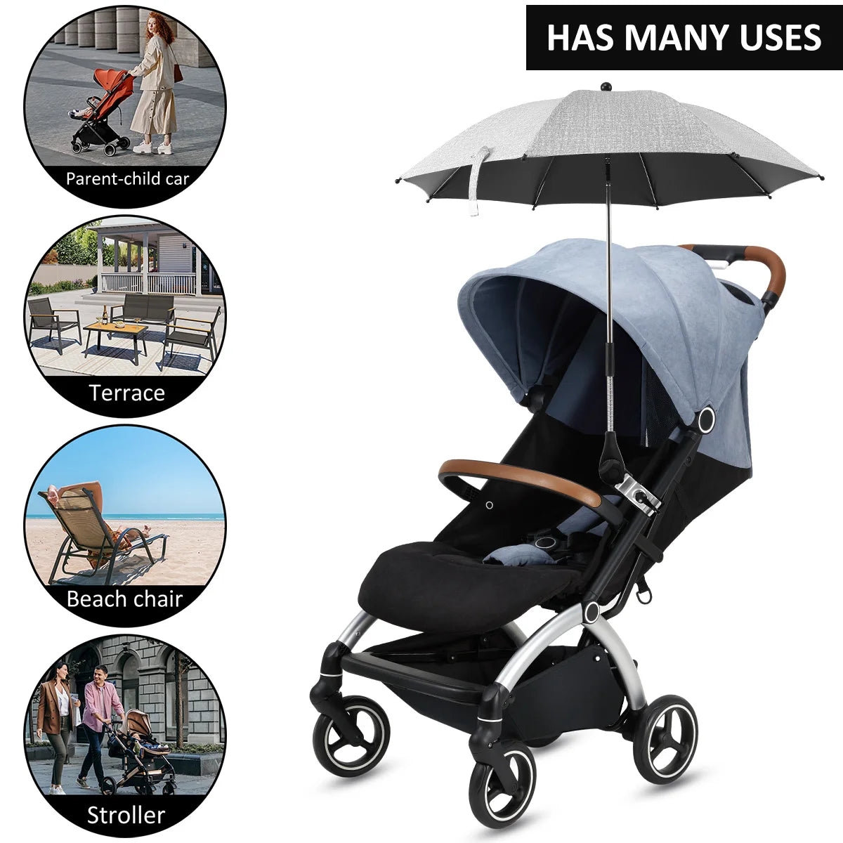 Sombrilla Universal Para Cochecito de Bebé, Protección UV, Sol y Lluvia, Parasol Ajustable 360°, Sombrilla Para Silla de Patio o Playa, Impermeable