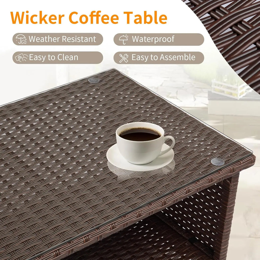 Mesa de centro de mimbre para exteriores, mesas de centro de patio para exteriores, mesa de mimbre con parte superior de vidrio templado con mesa de centro de almacenamiento para patio