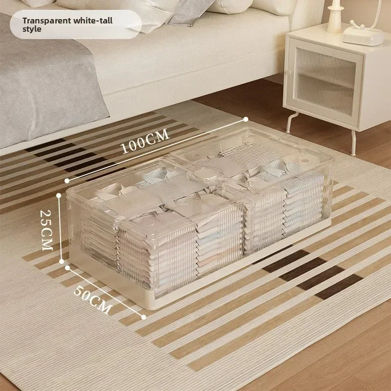 Caja de almacenamiento plegable debajo de la cama. Caja de almacenamiento transparente de plástico extragrande con ruedas a prueba de polvo. Caja organizadora de ropa y edredones.