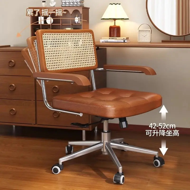 Silla de oficina de ratán de madera maciza, silla de ratán retro estilo celebridad de internet, silla de ordenador, silla giratoria elevable para el hogar, silla de estudio para estudiantes