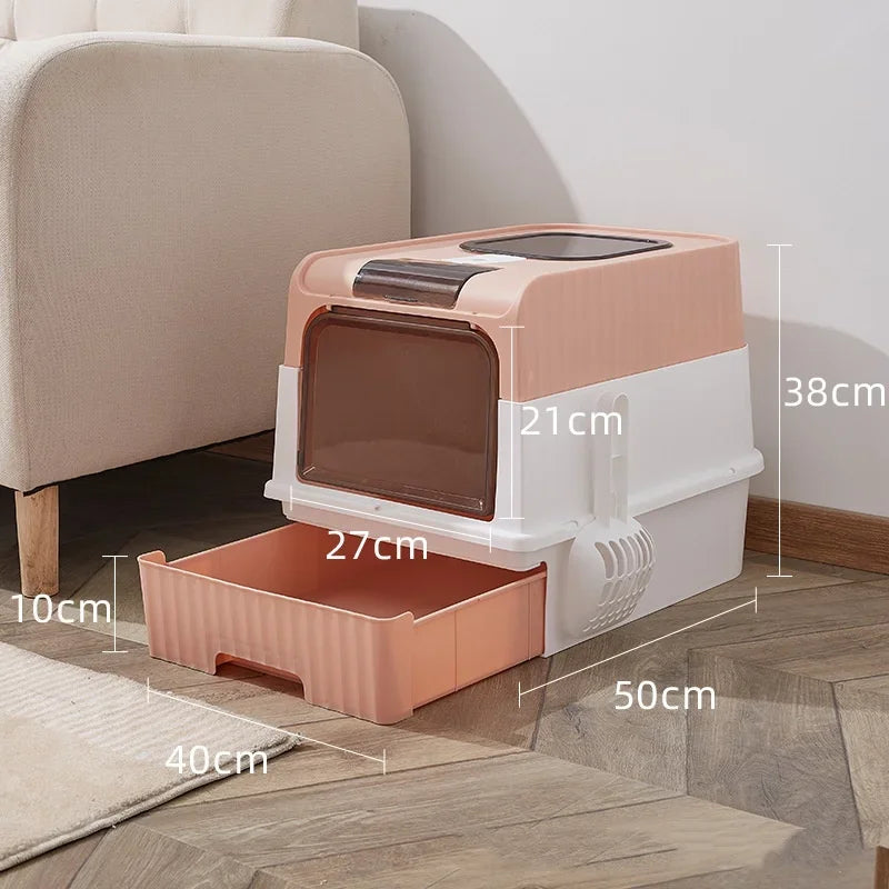 Arenero plegable y portátil para gatos con protector contra salpicaduras y pala de plástico - Arenero para mascotas con tapa, fácil de limpiar y montar
