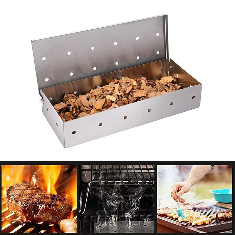 Caja ahumadora para barbacoa, de acero inoxidable, caja ahumadora de astillas de madera con tapa con bisagras, caja de humo resistente para barbacoa de carbón YY224