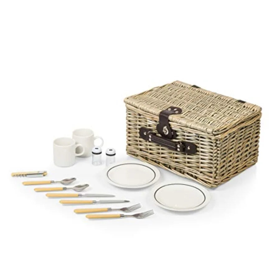 Cesta de picnic Catalina para 2 personas, clásica, de lujo, de mimbre inglés tejida a mano con detalles de cuero genuino y servicio completo para T