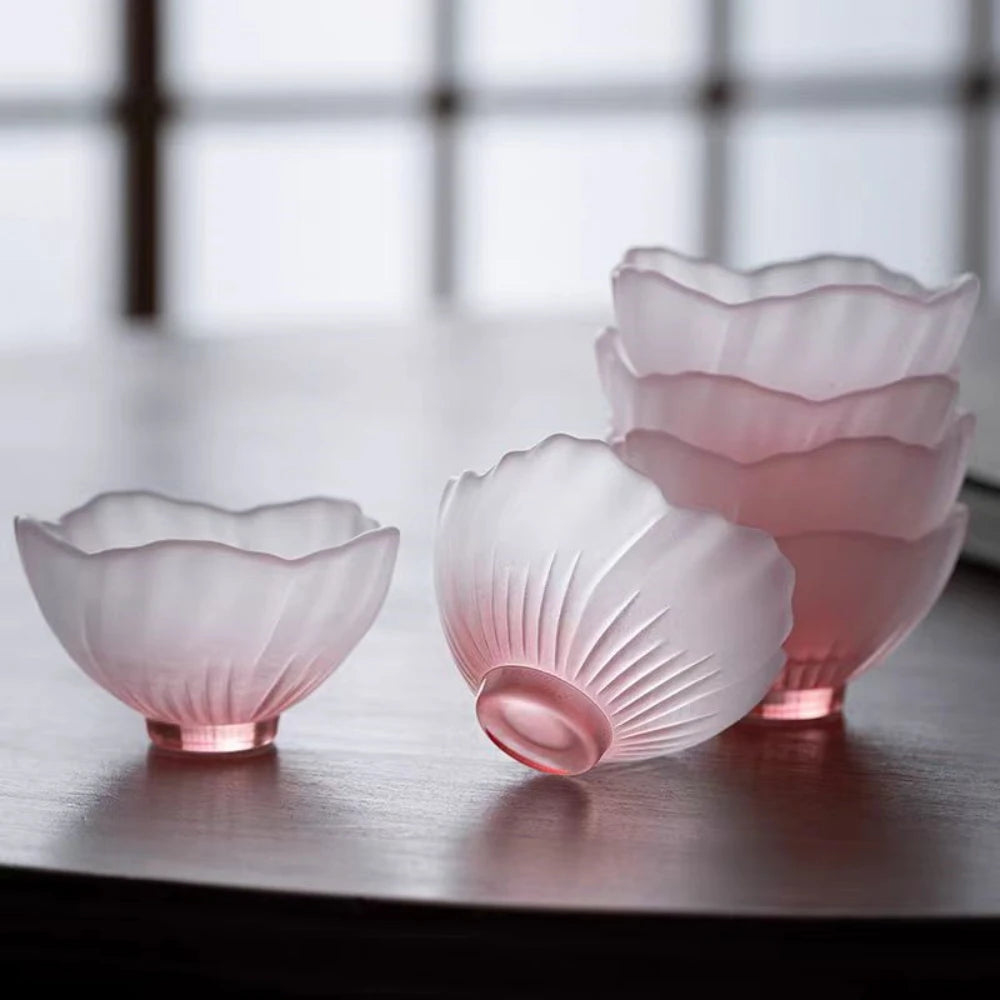 Juego de 4 tazas de té japonesas de cristal esmerilado rosa Sakura, dama de cristal rosa, taza de té con diseño de flores, taza de té, taza con diseño de pétalos