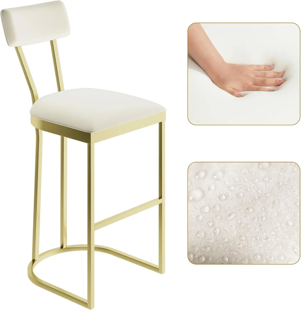 Juego de 2 taburetes de bar de altura de mostrador con respaldo, estructura de metal y asiento tapizado, taburetes altos para isla de cocina, comedor de casa