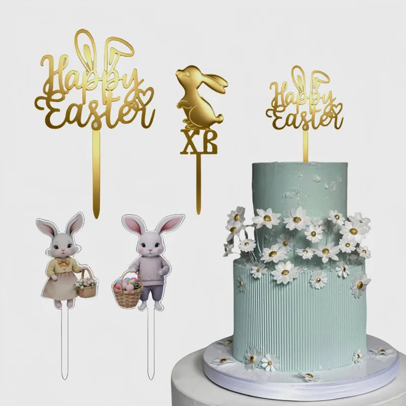 Colored Rabbit Easter Happy Cake Topper Dessert Decorations Gold Acrylic Kids Party Festival Cake Toppers Easter Baking Supplies