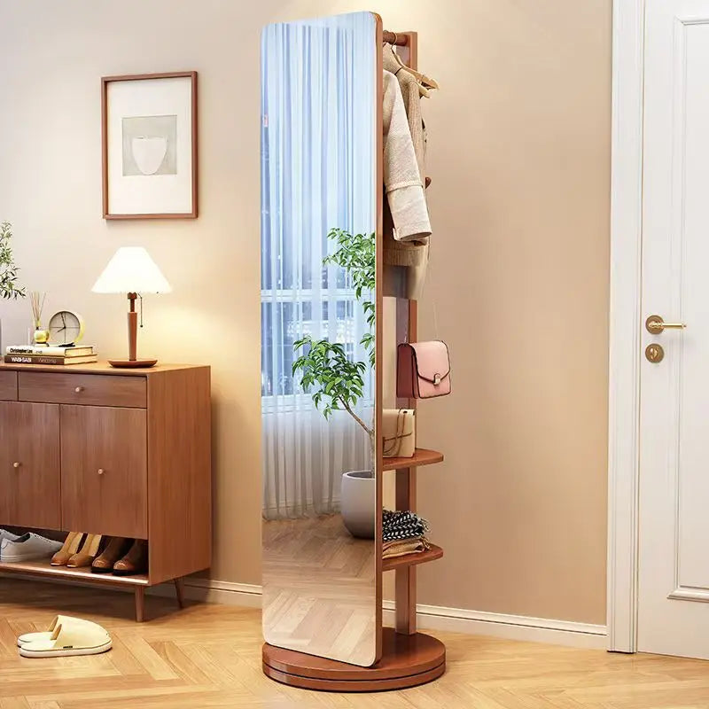 Espejo de vestir de madera maciza, espejo de cuerpo entero, espejo giratorio para el hogar, espejo de pie con colgador integrado, espejo para dormitorio.