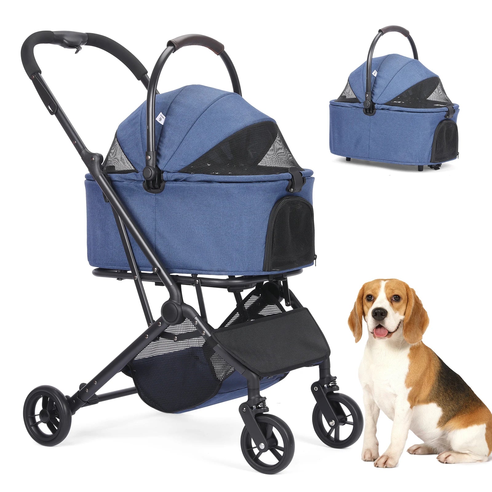 Cochecito de perro 3 en 1, con marco mejorado, cochecito para mascotas de hasta 20 kg con bolsas y dispensador de excrementos para perros, entrada sin cremallera, cesta de almacenamiento y