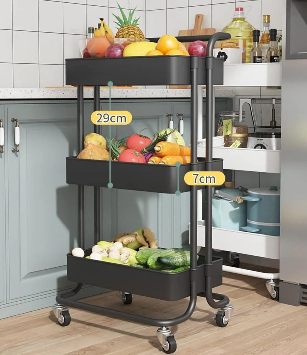 Sooyee Carrito Utilitario de 3 Niveles, Carro Rodante con Asa y Ruedas con Bloqueo, Carrito de Almacenamiento Multifuncional para Cocina, Baño