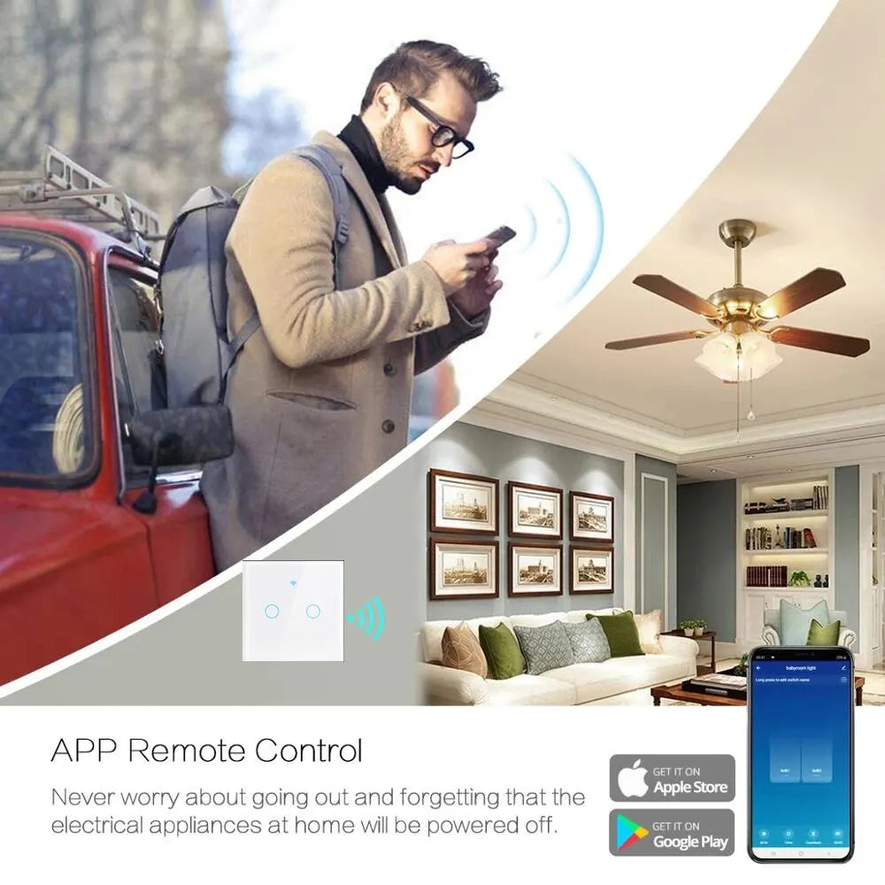 Funciona con el interruptor de luz de pared inteligente Tuya WIFI US/UE con panel táctil de vidrio y control remoto inalámbrico por voz con Alexa Google Home
