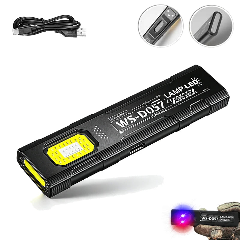 Potente Linterna EDC de 550 lúmenes recargable por USB-C, antorcha portátil con luces COB rojas y azules, linterna portátil para exteriores con clip para bolígrafo