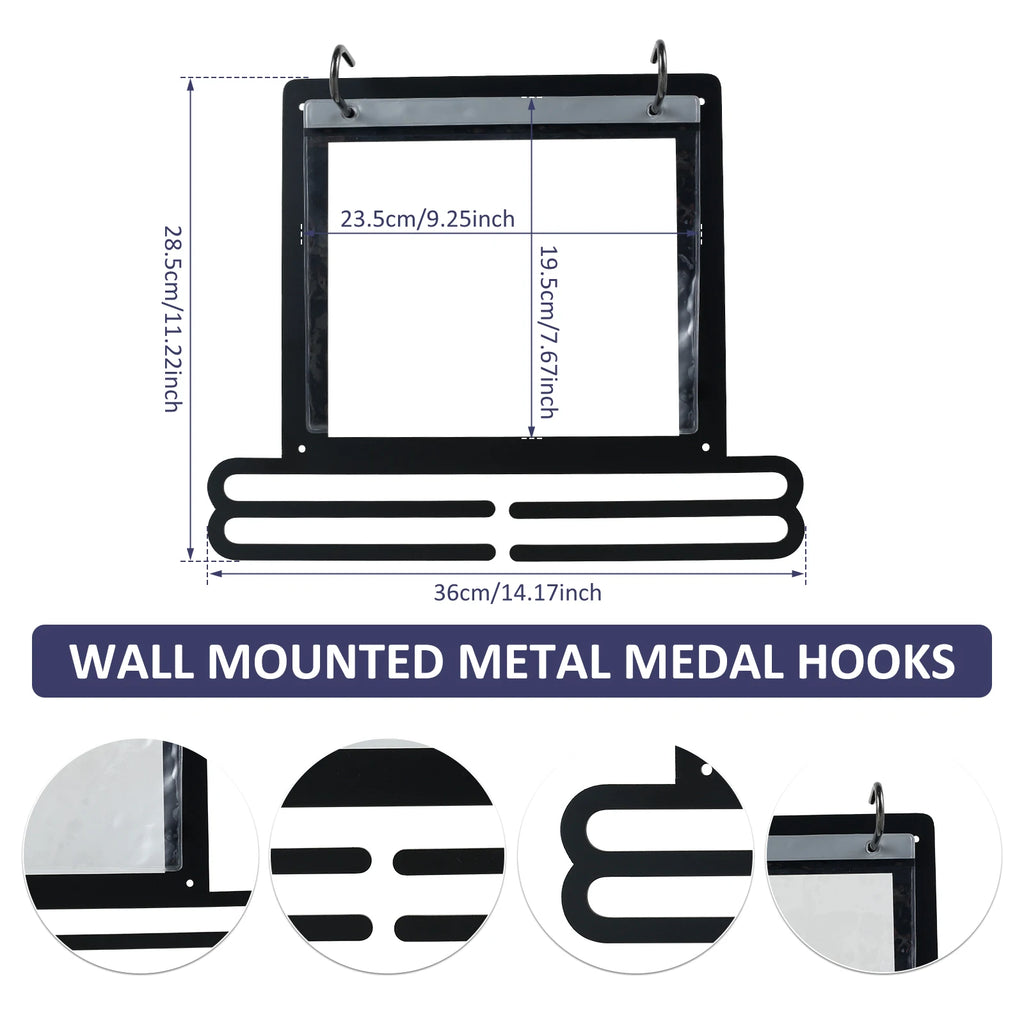 Colgador de medallas para pared, expositor de medallas con bolsas numeradas y ganchos para decoración de maratones, gimnasia y natación