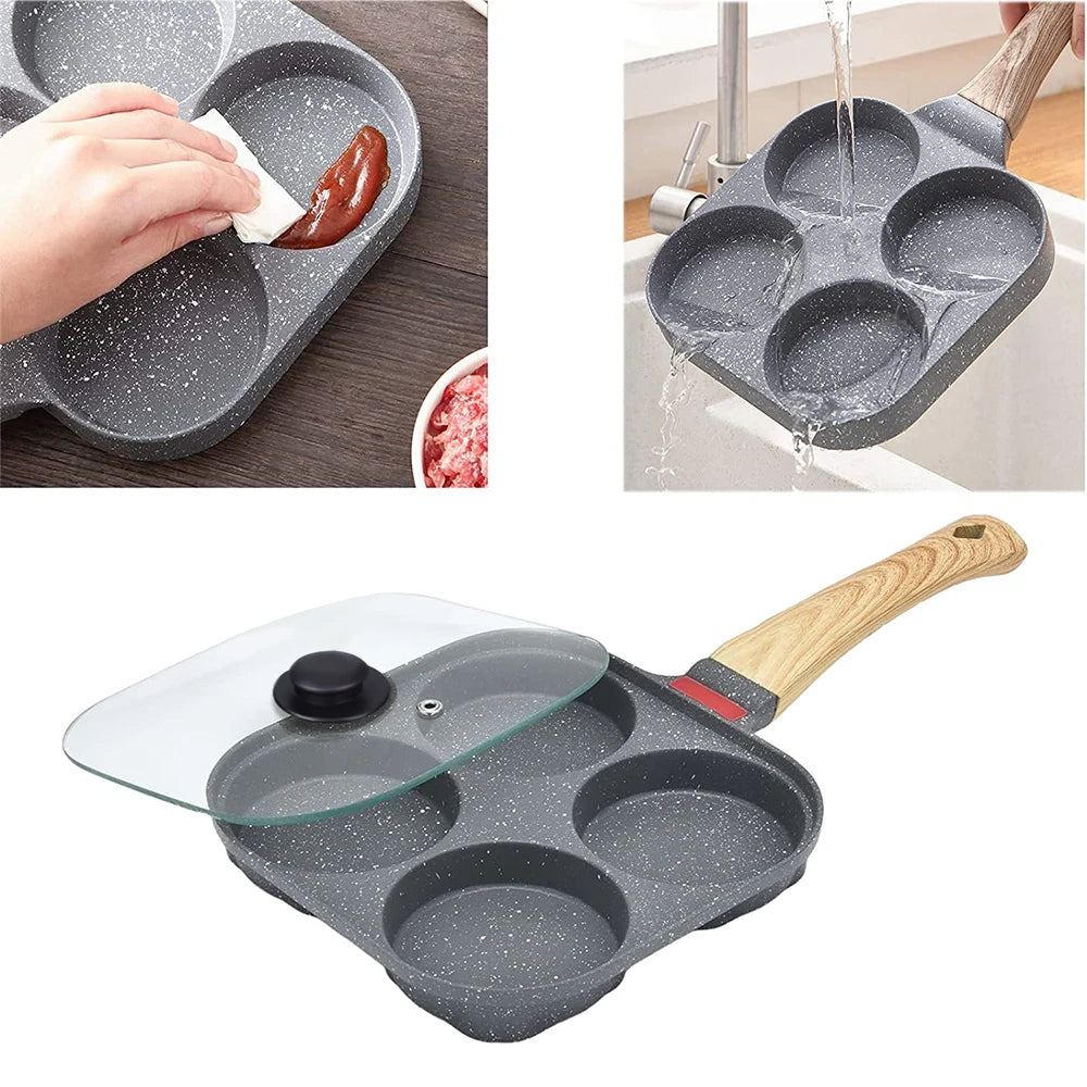 Sartén antiadherente de 4 cavidades para huevos con tapa abatible, panquequera/huevo de aluminio con espátula y brocha, sartén para cocinar hamburguesas y tortillas
