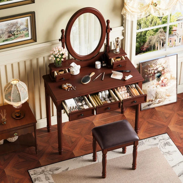 Tocador con espejo de ángulo ajustable, juego de mesa de maquillaje vintage y taburete acolchado con