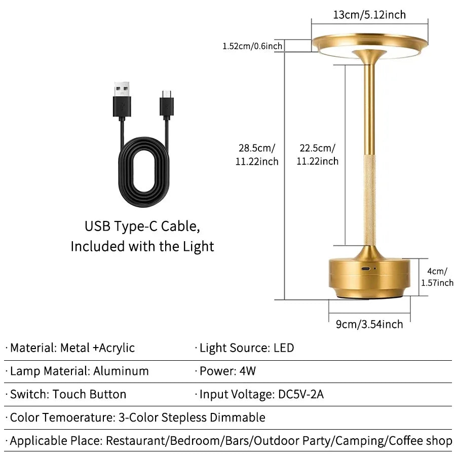 Lámpara de mesa decorativa inalámbrica simple con intensidad regulable infinita, ambiente clásico retro, portátil y recargable, lámpara de escritorio táctil