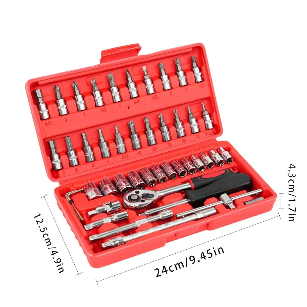 Juego de reparación de enchufes de mantenimiento automático de 46 piezas, herramientas familiares montadas en vehículos, venta de fábrica, caja de herramientas de trinquete de combinación de reparación automática