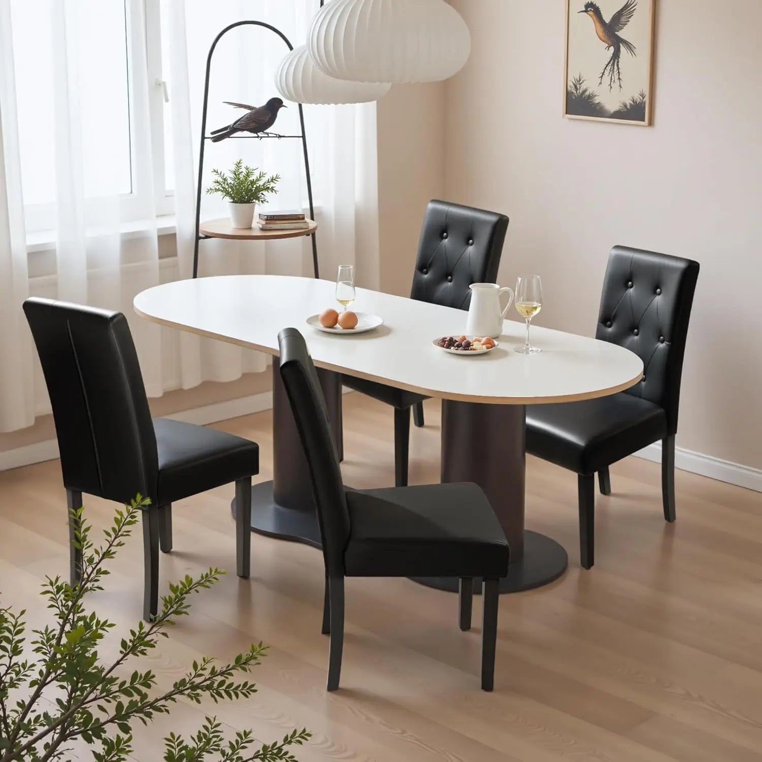 Juego de 4 sillas de comedor tapizadas, sillas de comedor de cuero sintético, sillas de cocina con botones y patas de madera ajustables