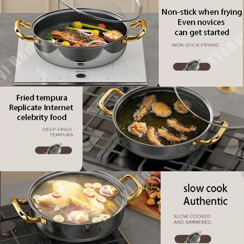 30cm Acero Inoxidable Sartén Antiadherente Olla para Sopa Wok con Tapa Cocina Doméstica Inducción Panal de Abeja Olla de Gas Estofado Utensilios de Cocina