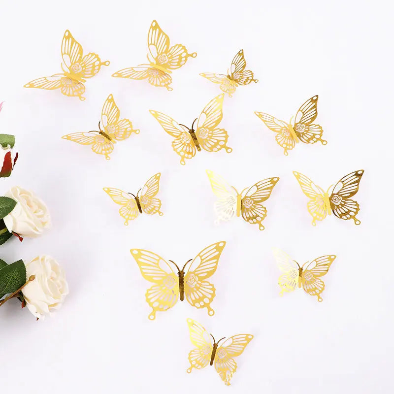 New 12pcs Happy Birthday Cake Topper Rose Gold Folding Type Butterfly Kids Party Cake Topper Dessert Decoration Baby Shower Gift