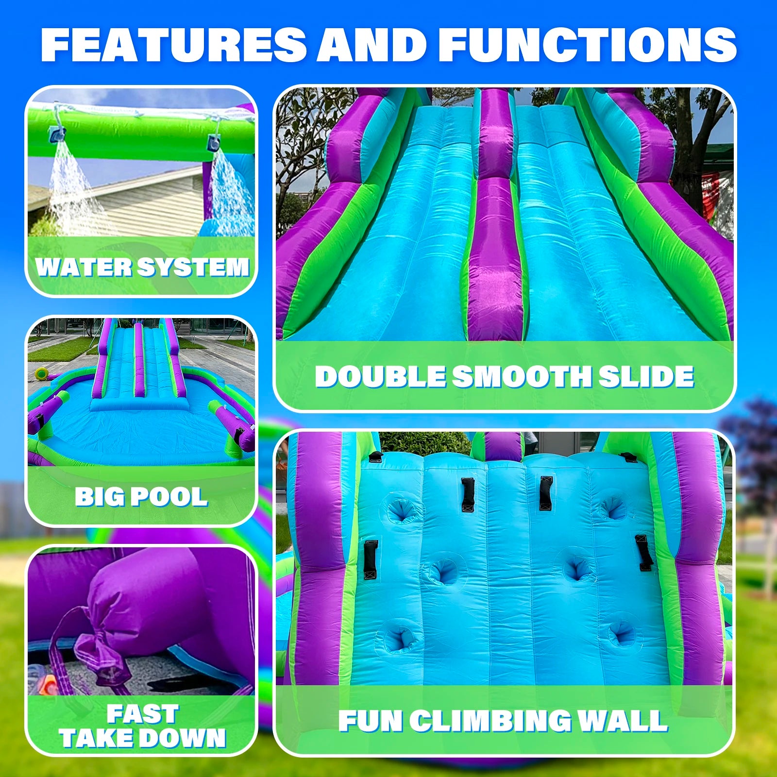Tobogán acuático hinchable doble  Tobogán acuático hinchable de gran calidad con piscina para adultos y niños Incluye soplador Juego acuático para exteriores