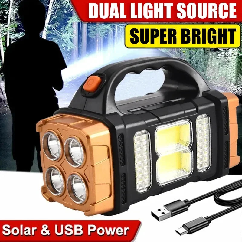 Linternas portátiles potentes recargables por USB con luz LED solar y luz de trabajo COB de 4 marchas para cargar teléfonos móviles y lámparas de camping.