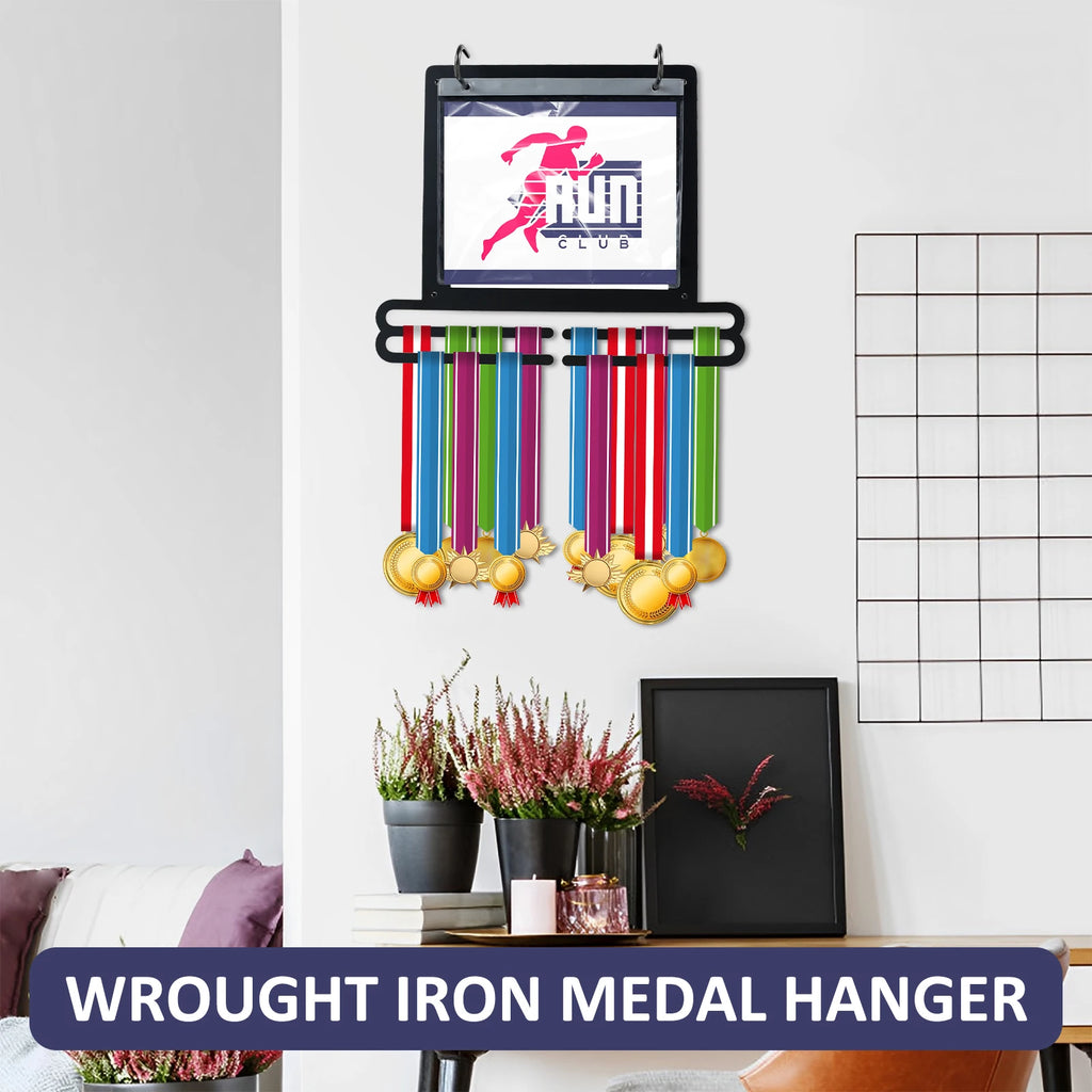 Colgador de medallas para pared, expositor de medallas con bolsas numeradas y ganchos para decoración de maratones, gimnasia y natación