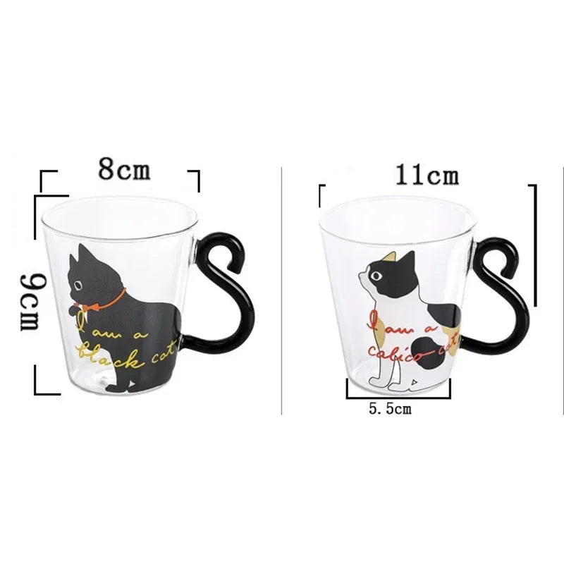 JUSTINLAU Taza de café con cola de gato 3D 250ml Taza de agua de vidrio de borosilicato alto resistente al calor Taza de leche para desayuno en casa para amantes de los gatos