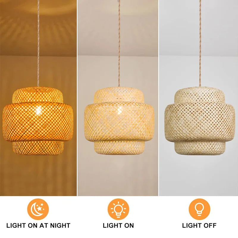 Moderna lámpara colgante de bambú E27 de 30 cm, hecha a mano, candelabro artístico de bambú, lámpara de comedor, candelabro de linterna, lámpara de dormitorio y comedor