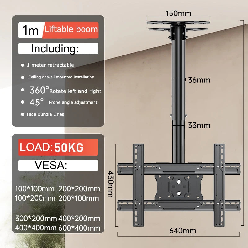 Soporte de techo para TV, soporte de TV de movimiento completo para la mayoría de televisores/monitores planos o curvos de 32-75", inclinación giratoria, altura ajustable, soporte de TV colgante