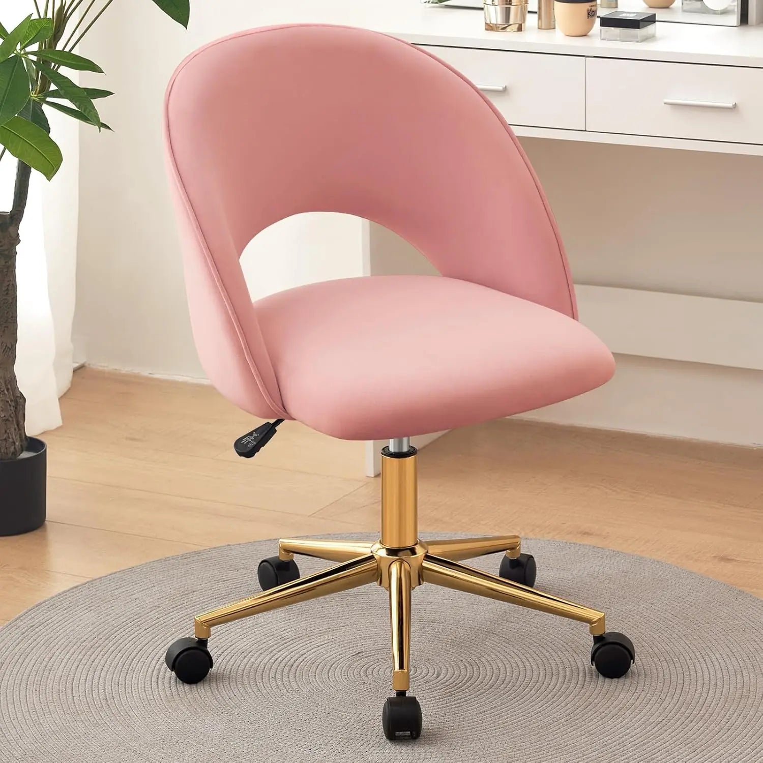 Silla de tocador con respaldo, bonita silla de escritorio con ruedas para niñas, silla decorativa tapizada sin brazos con altura de metal dorado