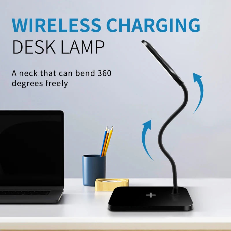 Lámpara de escritorio LED con carga inalámbrica USB para teléfono móvil, táctil, protección ocular, lámpara de mesa para oficina en casa
