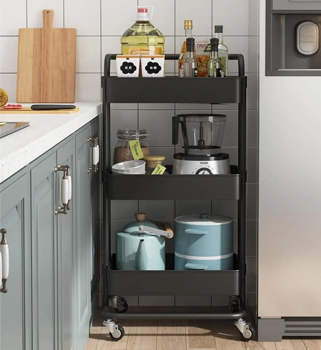 Sooyee Carrito Utilitario de 3 Niveles, Carro Rodante con Asa y Ruedas con Bloqueo, Carrito de Almacenamiento Multifuncional para Cocina, Baño