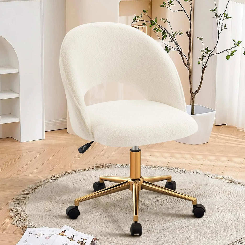 Silla de tocador con respaldo, bonita silla de escritorio con ruedas para niñas, silla decorativa tapizada sin brazos con altura de metal dorado