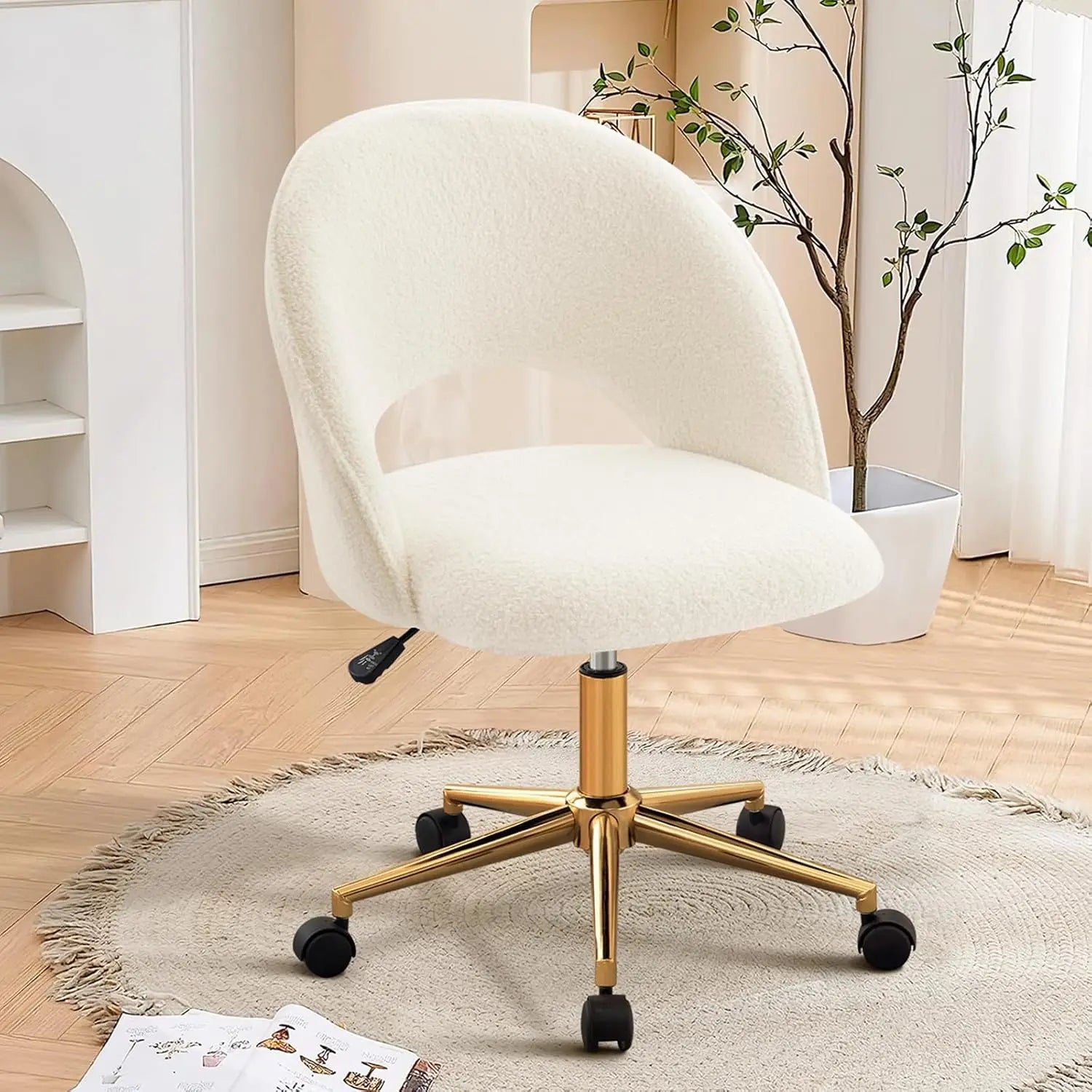 Silla de tocador con respaldo, bonita silla de escritorio con ruedas para niñas, silla decorativa tapizada sin brazos con altura de metal dorado